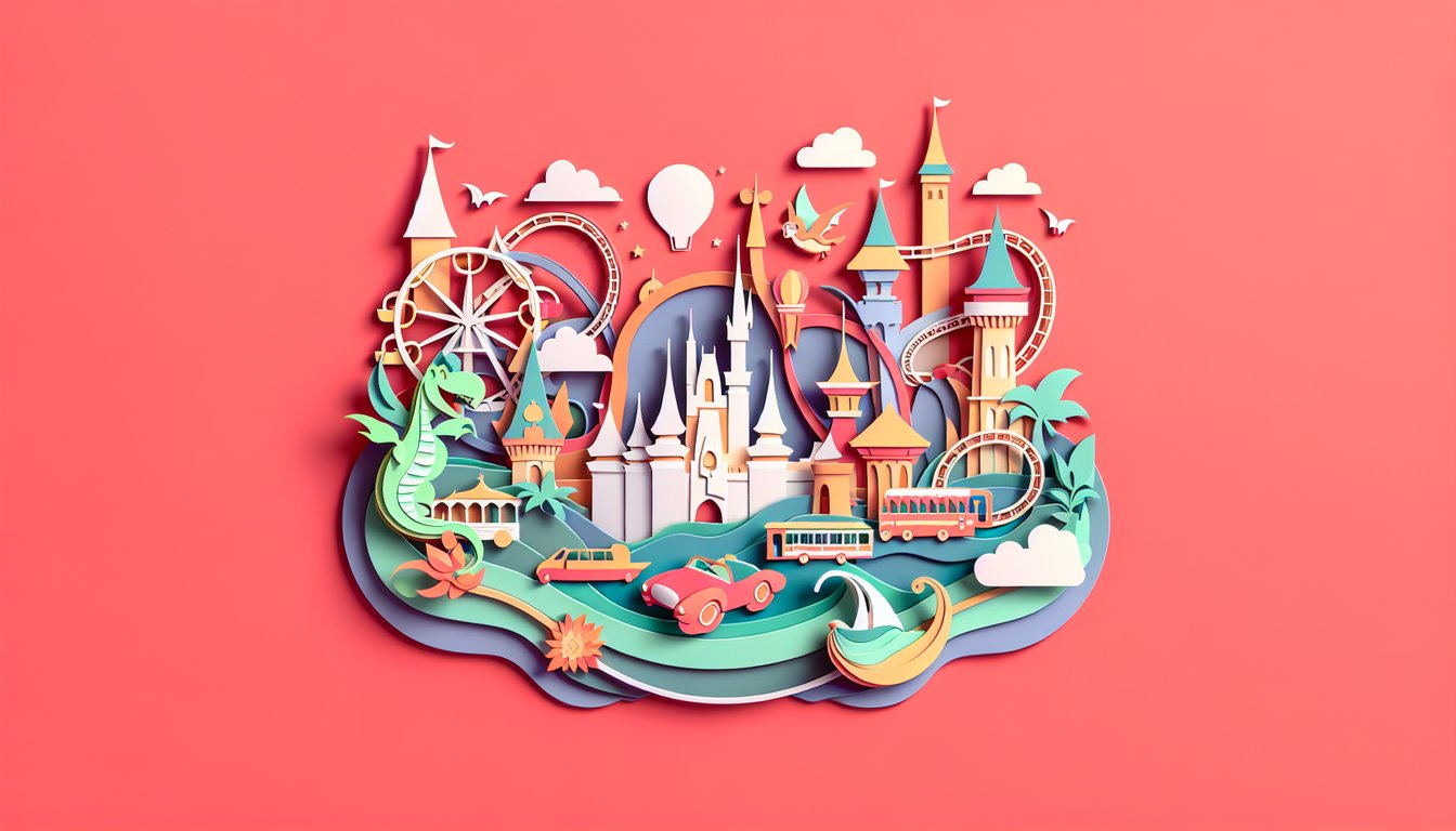 Paper art Disney castle roller coaster popcorn camera mouse ears around Orlando pop-culture trivia quiz on coral background