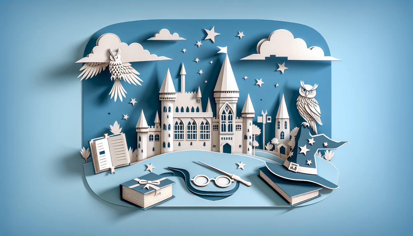 Paper cutout wizard hat wand open book floating over Hogwarts towers with stars on sky blue background