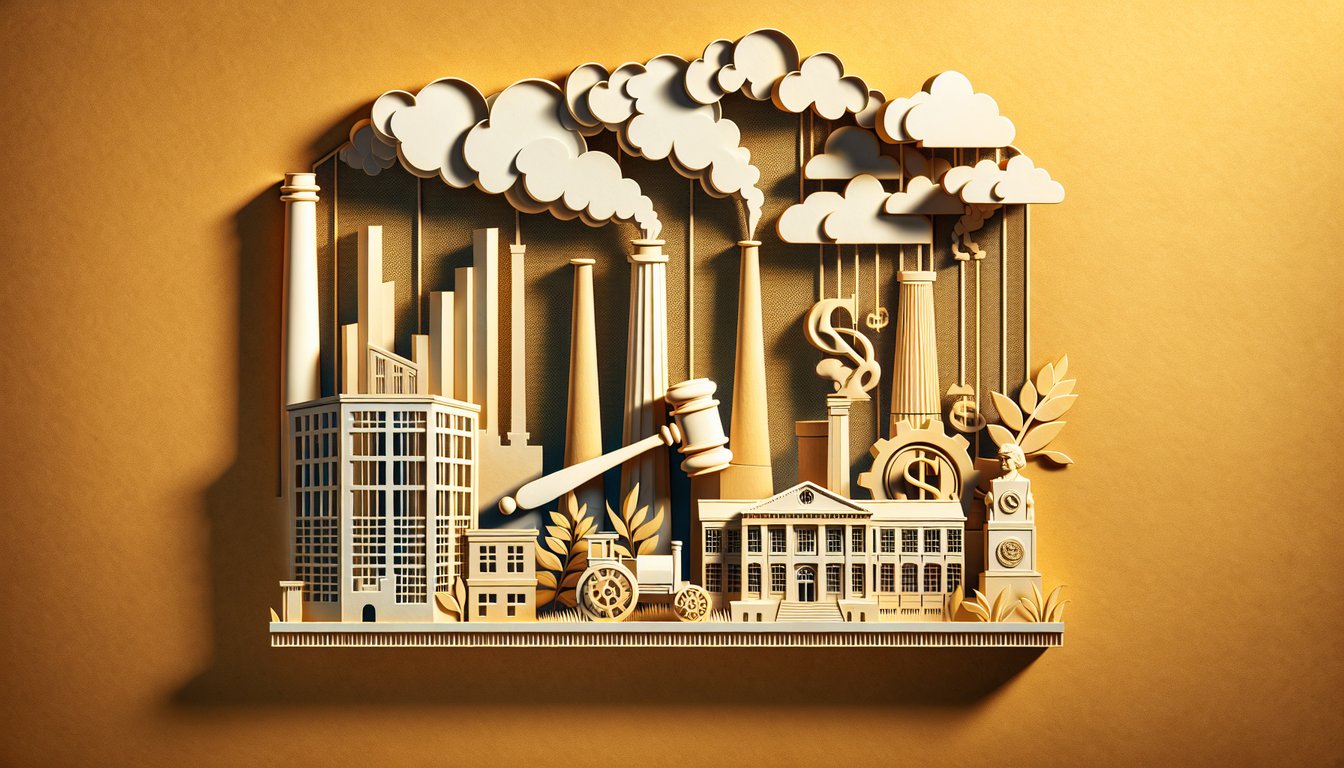 Paper art cityscape with factories, steamboat and political medals on golden yellow background