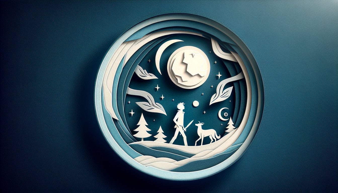 Paper art illustration with trident lightning motif for The Lightning Thief Chapter 3 quiz on dark blue background