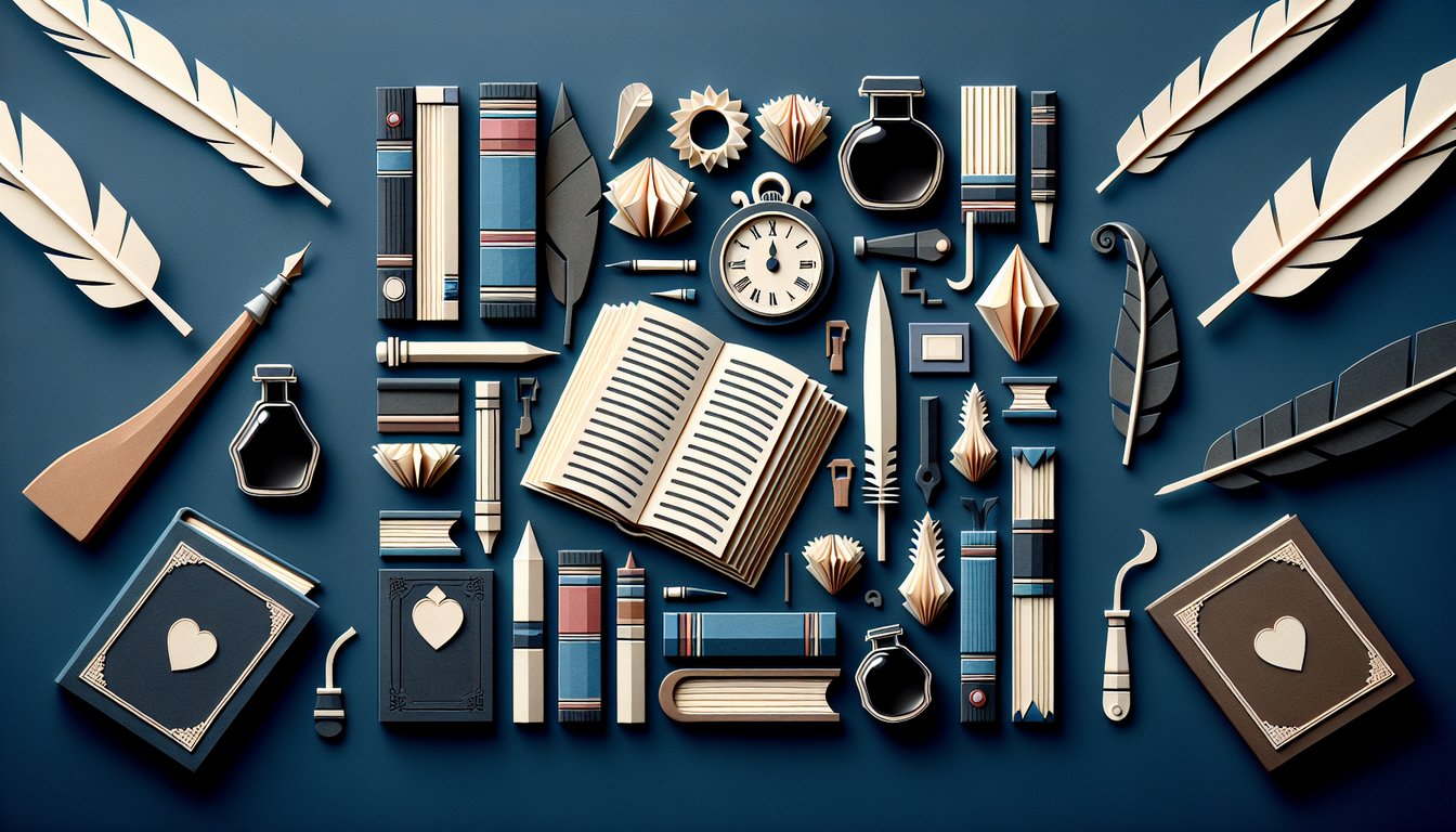 Colorful paper art promoting a high school literary terms mastery trivia quiz.