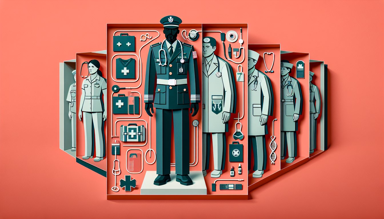 Paper art illustration stylized hospital corpsman rank insignia and quiz title on coral background.