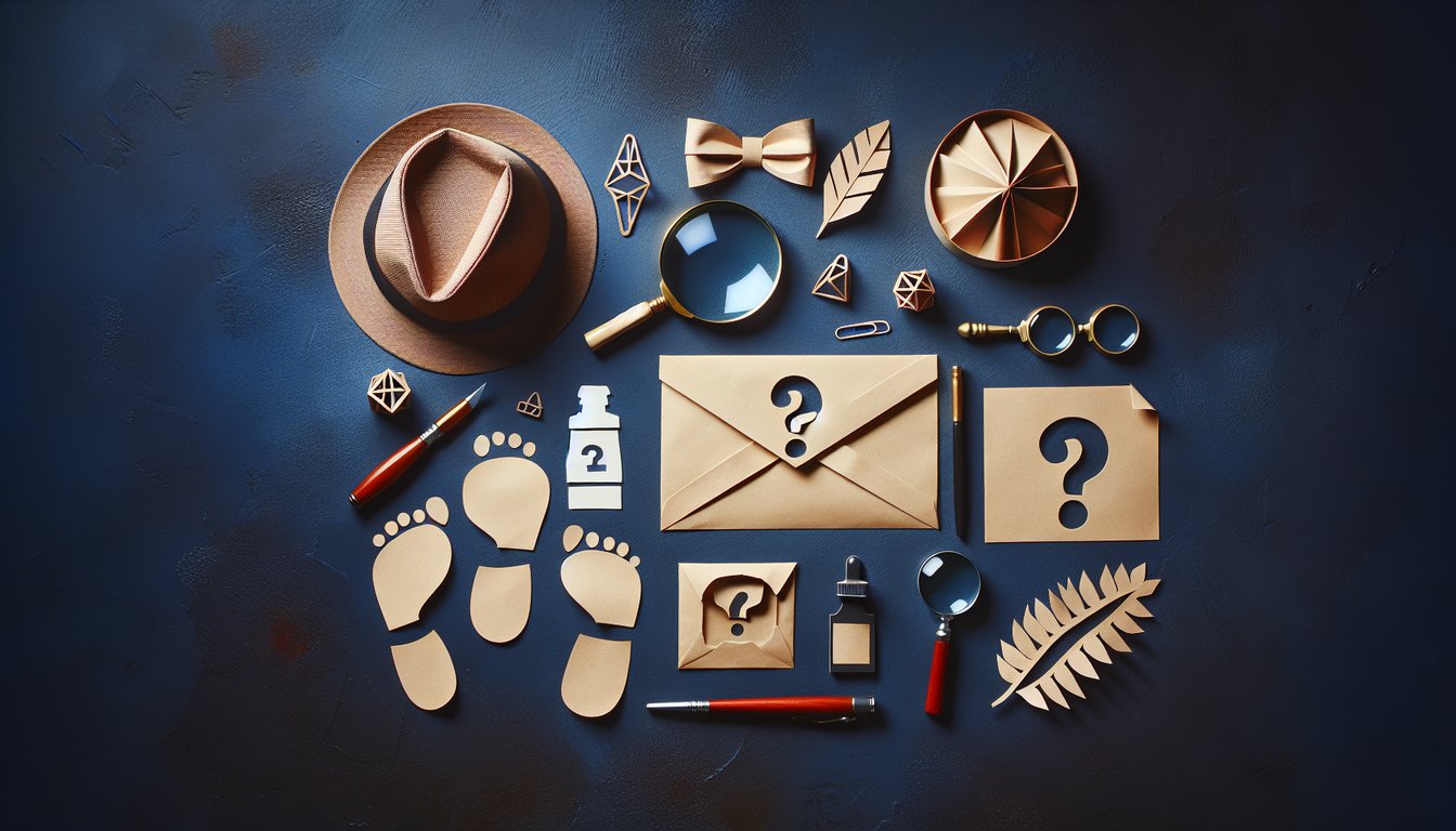 Colorful paper art depicting elements from a murder mystery detective quiz