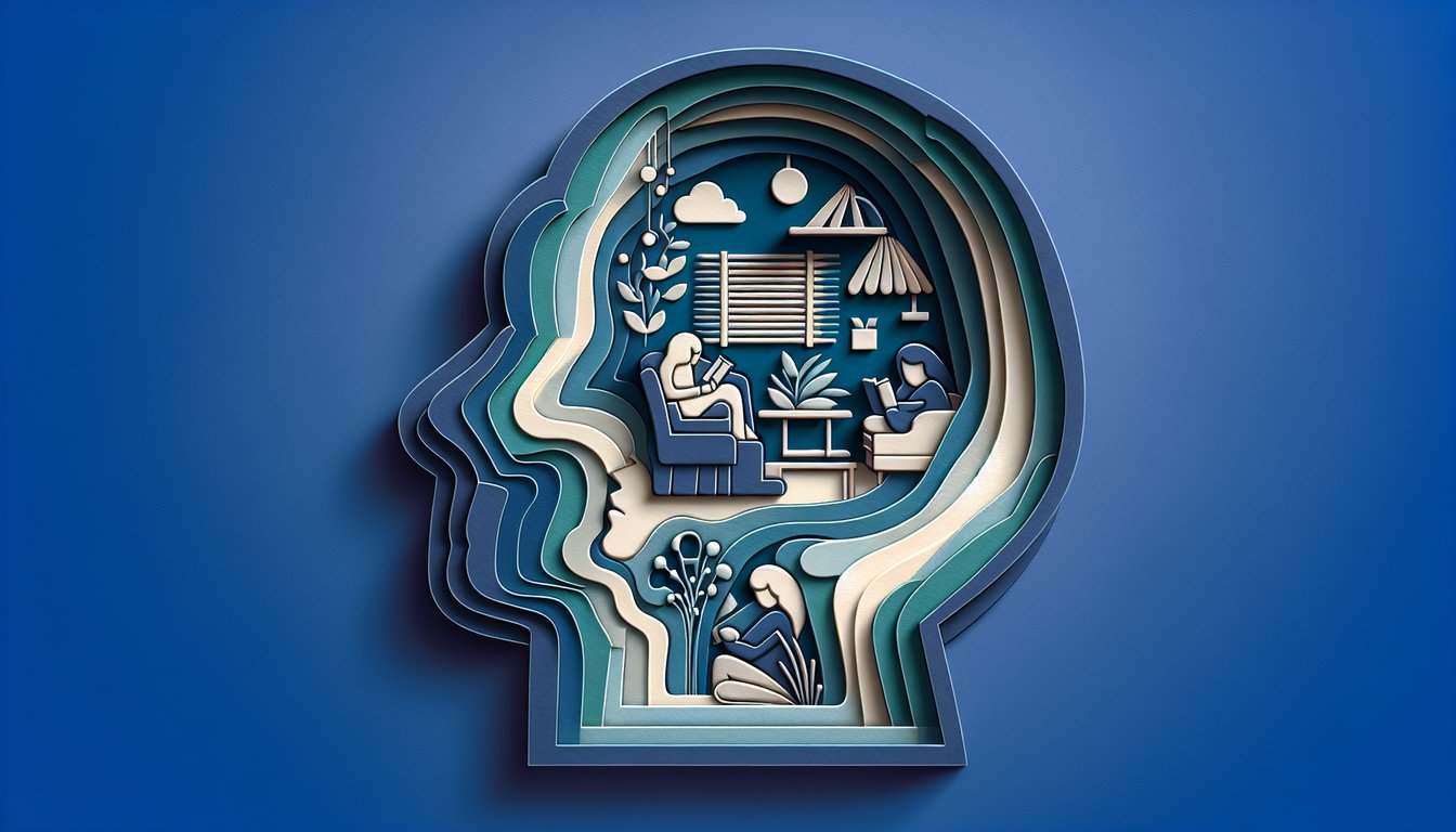 Paper art scene with lone figure reading book amid abstract shapes on dark blue background, loner personality quiz