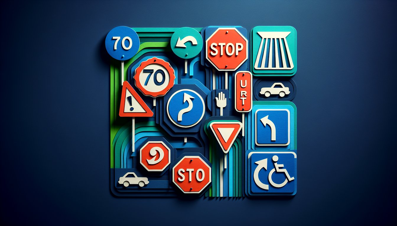 Paper art traffic signs on dark blue background free road signs quiz tests traffic sign knowledge boosts driving confidence