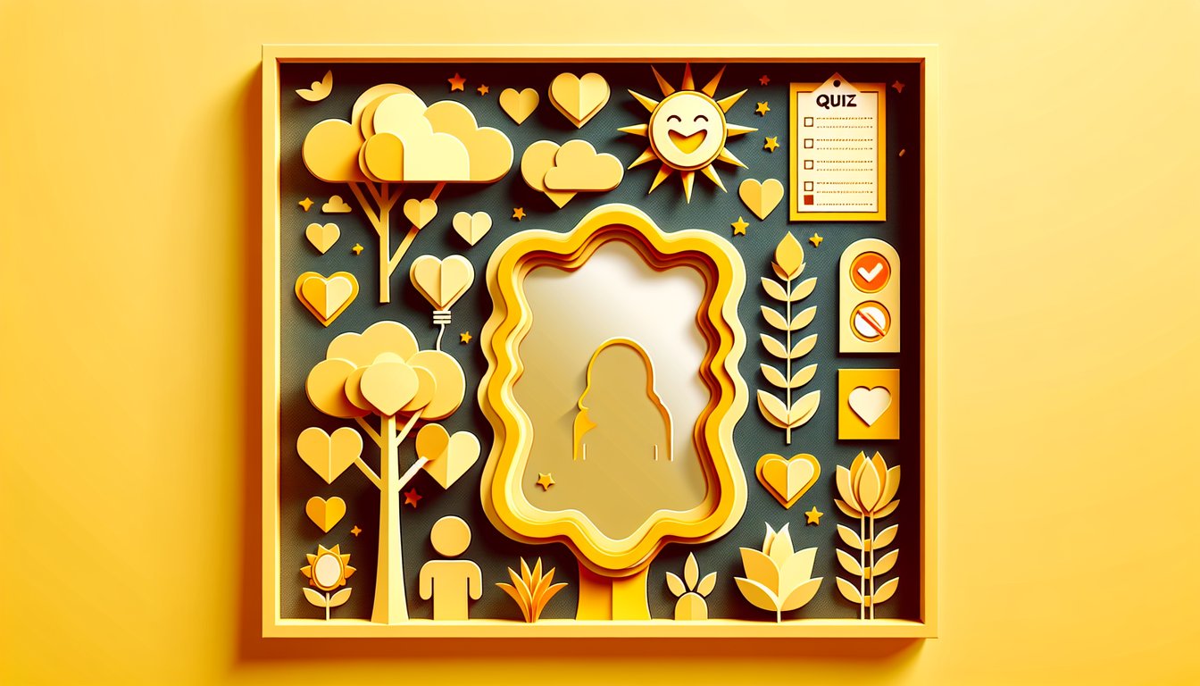 Paper art illustration for self-love quiz on a golden yellow background