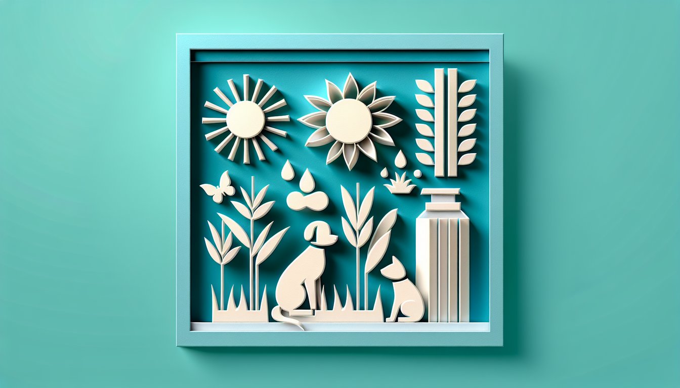 Paper art illustration showing sun grass and pet icons on a teal background for allergy quiz prompt