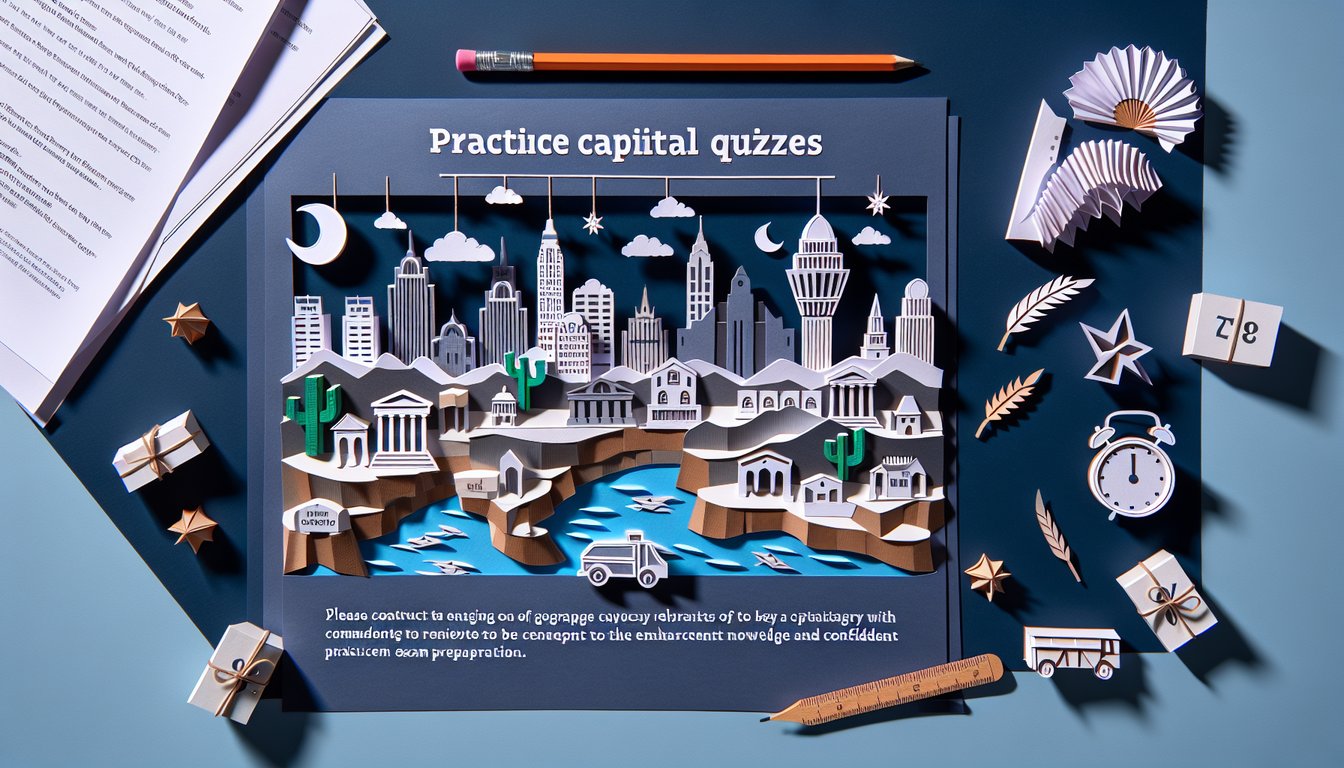 Paper art depicting a trivia quiz on western capital cities for high school students.