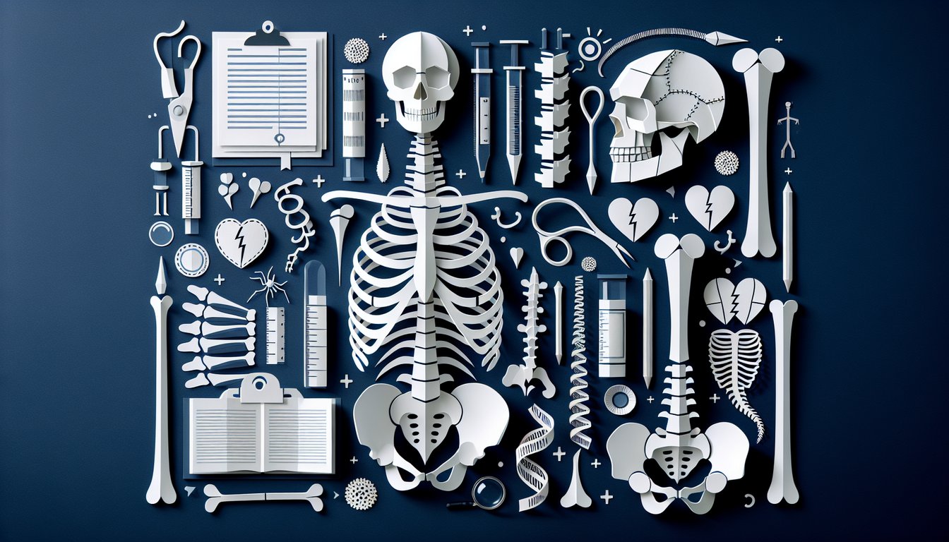 Paper art illustrating a trivia quiz on skeletal structures for high school biology students.