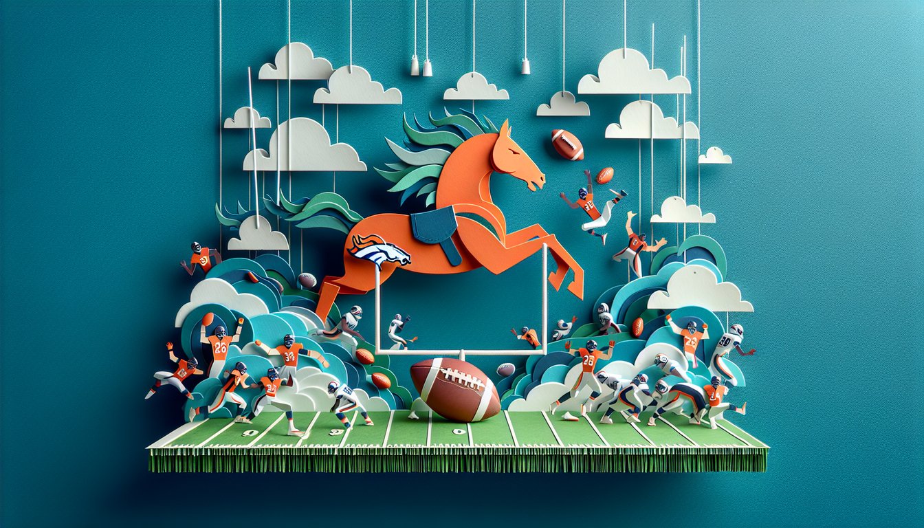 Paper art quiz for Denver Broncos trivia on teal background with football helmet horse head logo and question mark