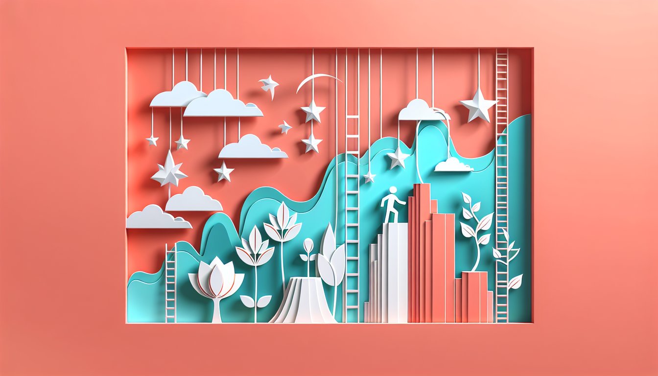 Paper art illustration showing layered abstract shapes and icons suggesting boundary quiz elements on a coral background