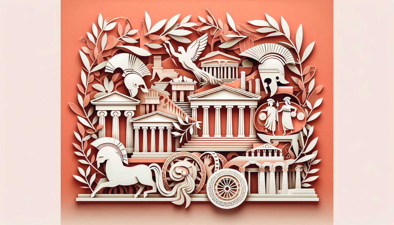 Paper art illustration of Greek temple column olive wreath helmet scroll laurel on coral background for Ancient Greece quiz