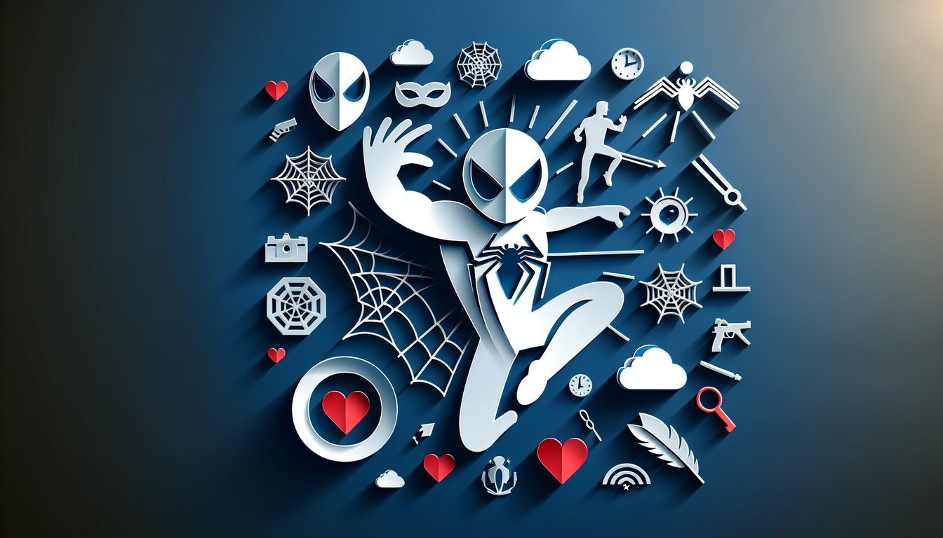 Paper art scene featuring Spider Man mask hearts webs dating quiz invite on dark blue background