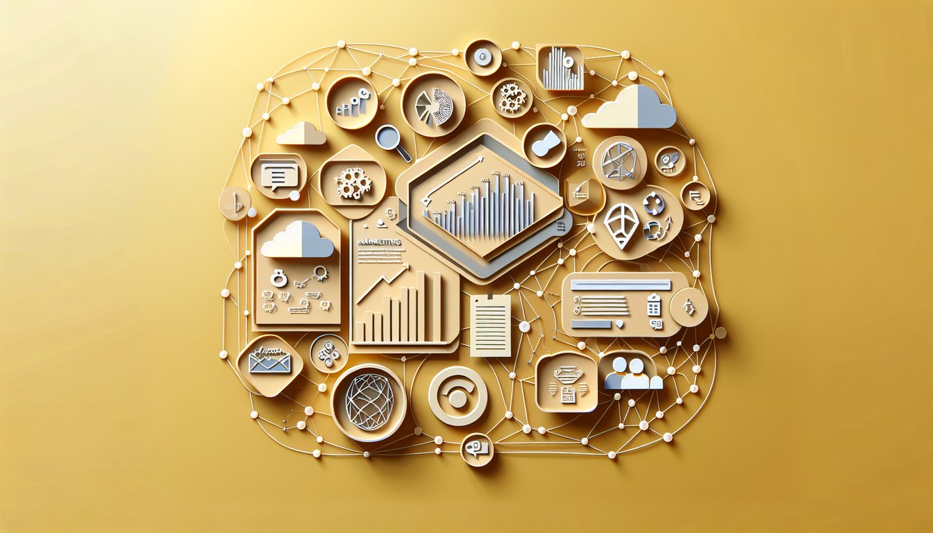 Paper art showing a quiz on digital marketing strategies, brand equity, and analytics on a golden yellow background