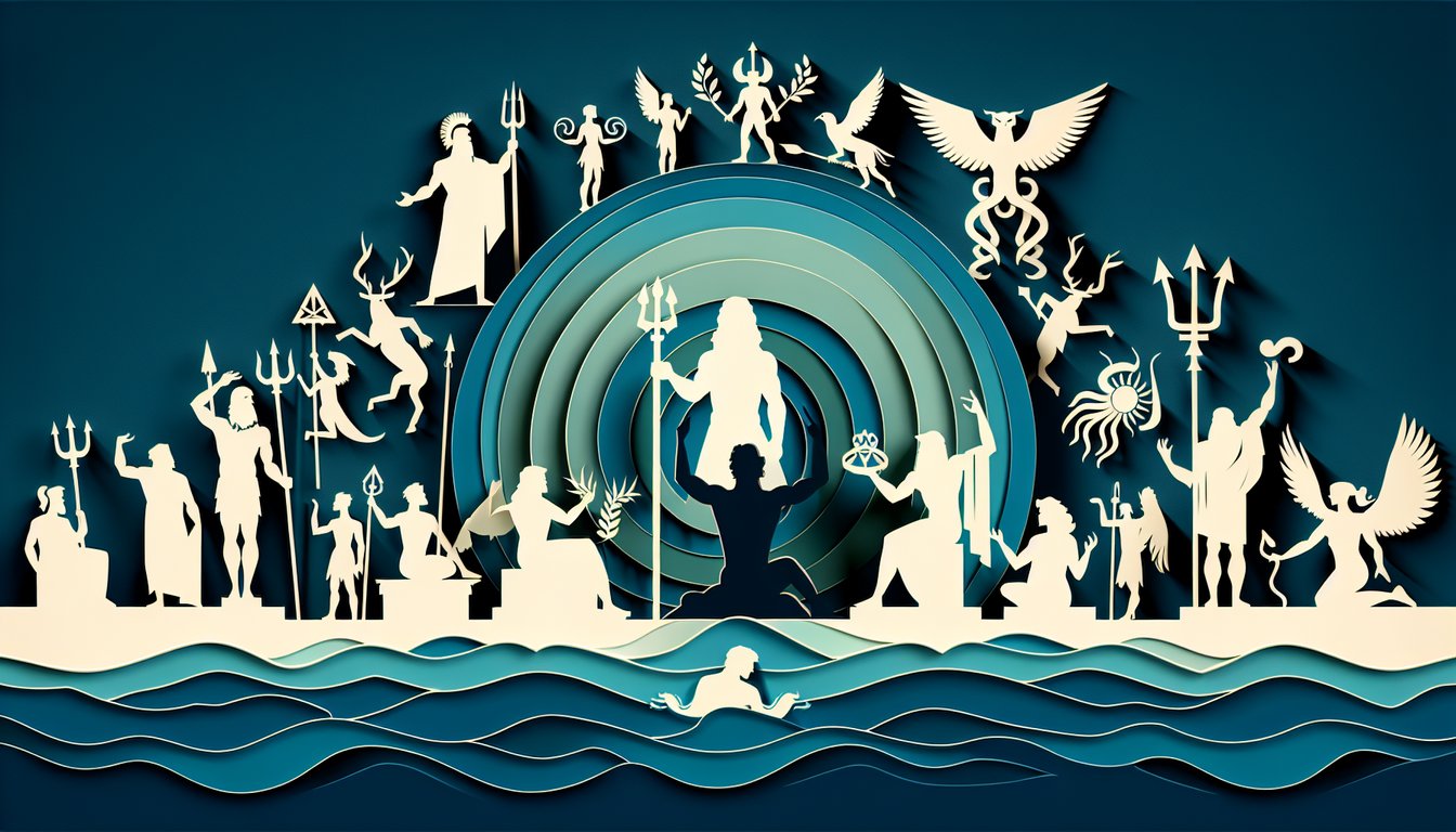 Paper art illustration for Greek God Parent quiz with 13 Olympians on a teal background