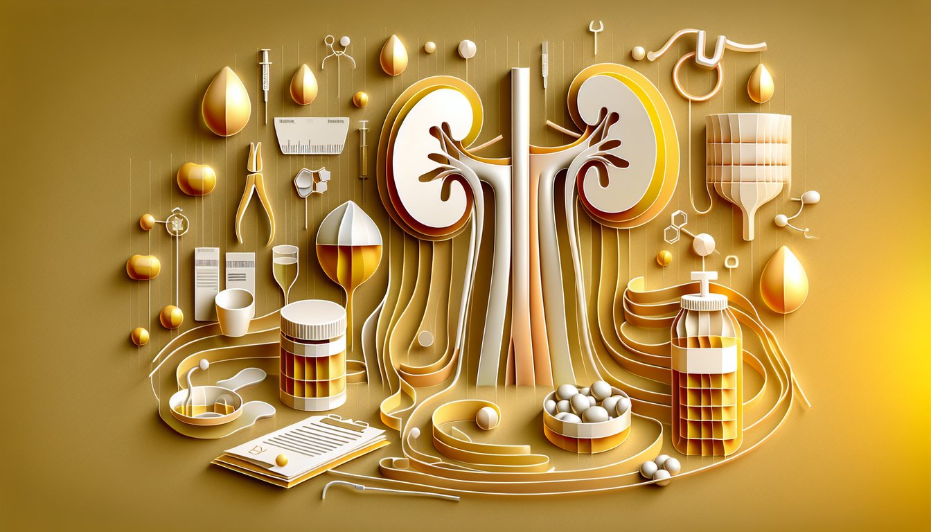 Paper art kidneys bladder and urinary tract icons on golden yellow background for urinary system quiz