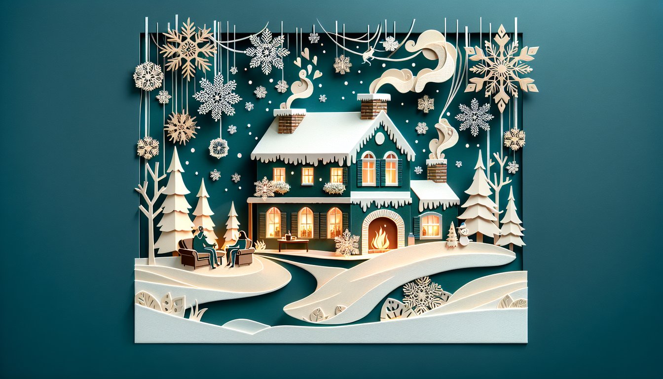 Paper art illustration with snowflakes and music notes on teal background for weather outside is frightful lyrics quiz