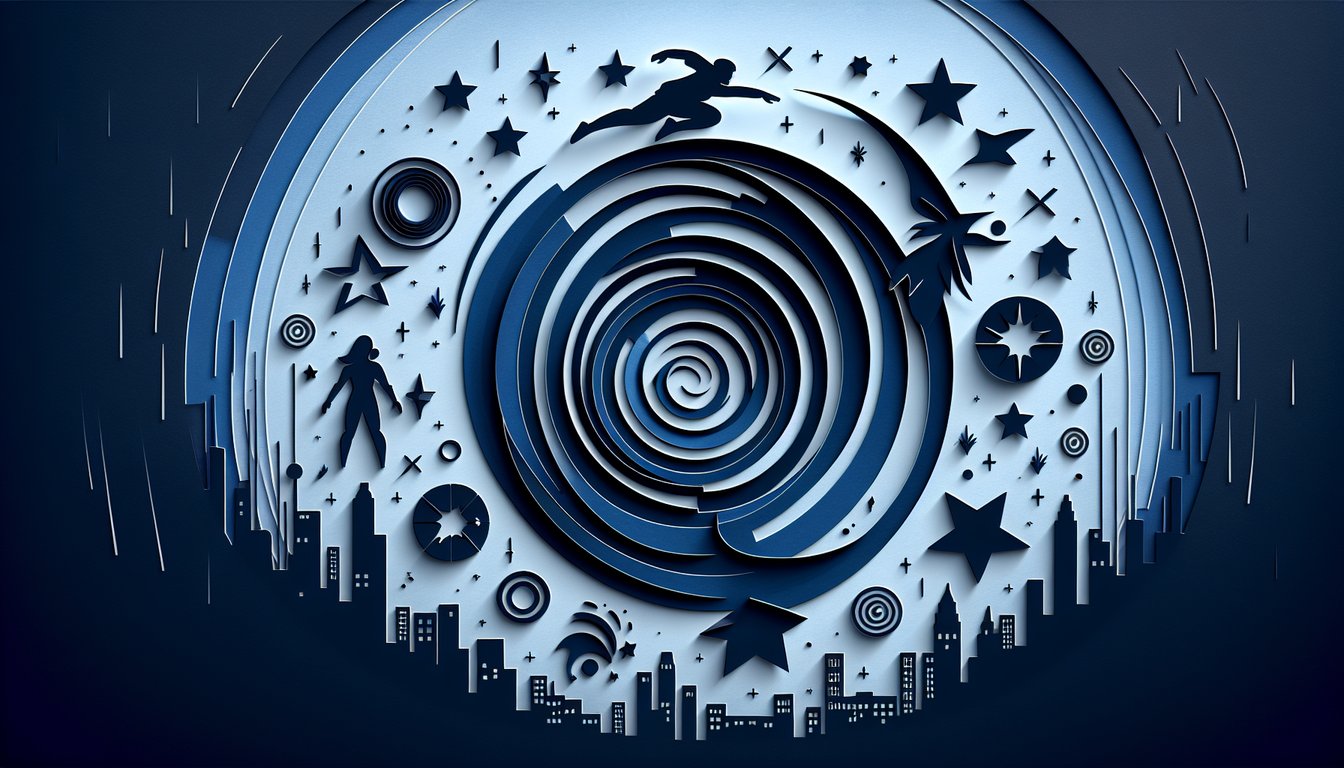 Paper art illustration for a DC Robin personality quiz on a dark blue background.