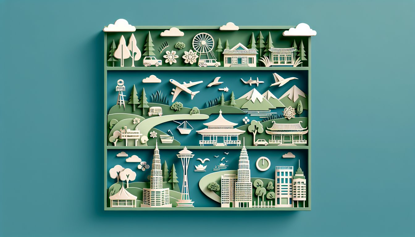 Paper art collage of travel icons and question marks on teal background for quiz matching world destinations