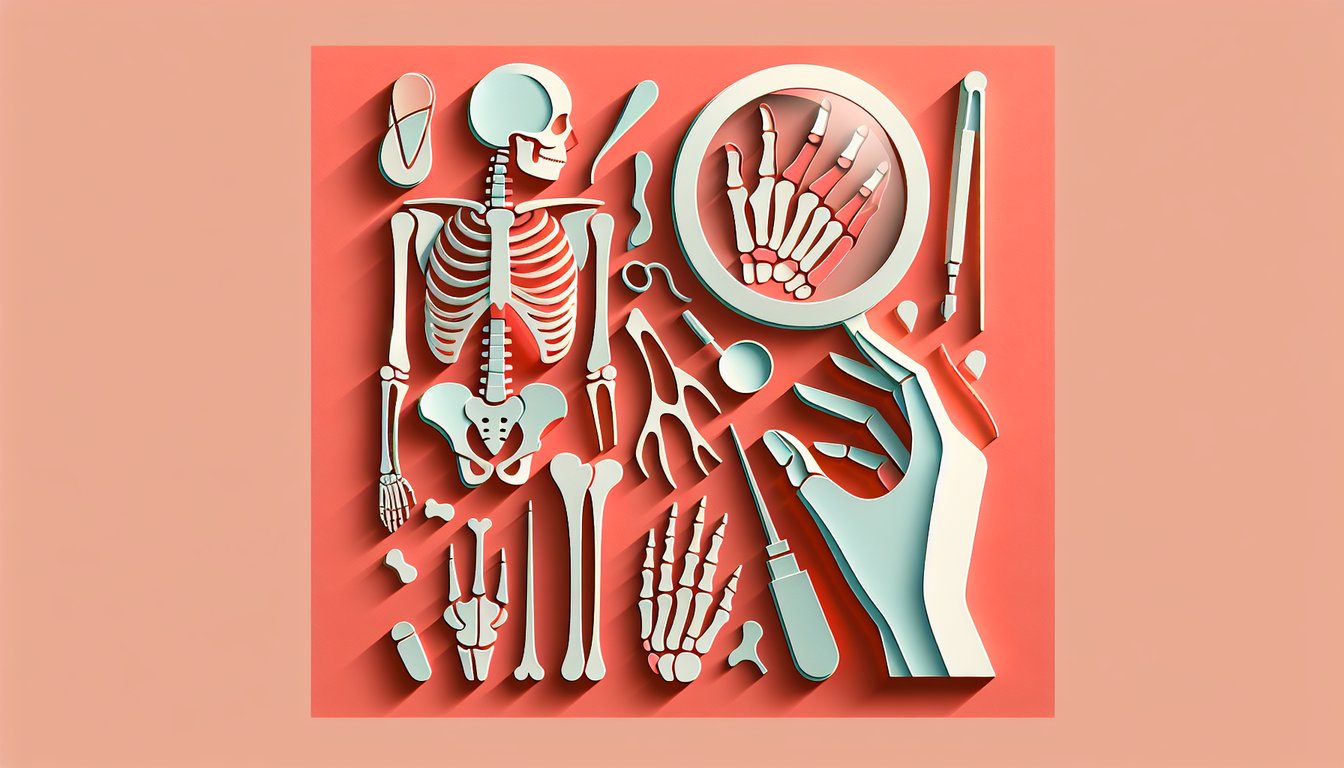 Paper art skeleton on coral background with labeled bones and quiz challenging users to test skeletal system knowledge