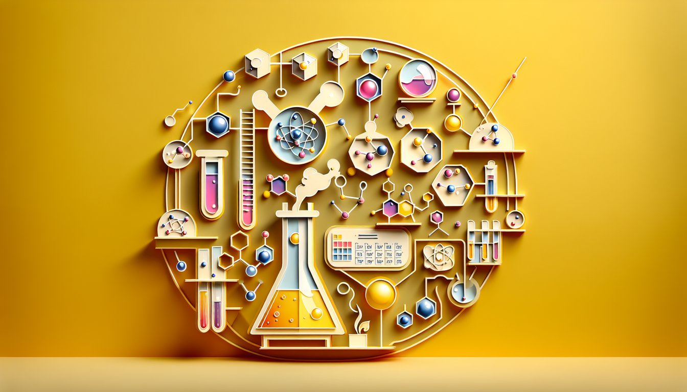 Colorful paper cut illustration of chemistry quiz elements including beaker, test tubes, molecules and question mark on golden yellow background