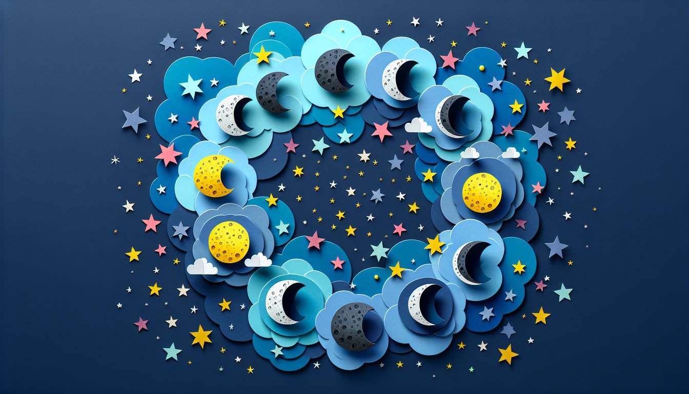 Paper art depicting trivia quiz on Moon Phase Mania for middle school students.