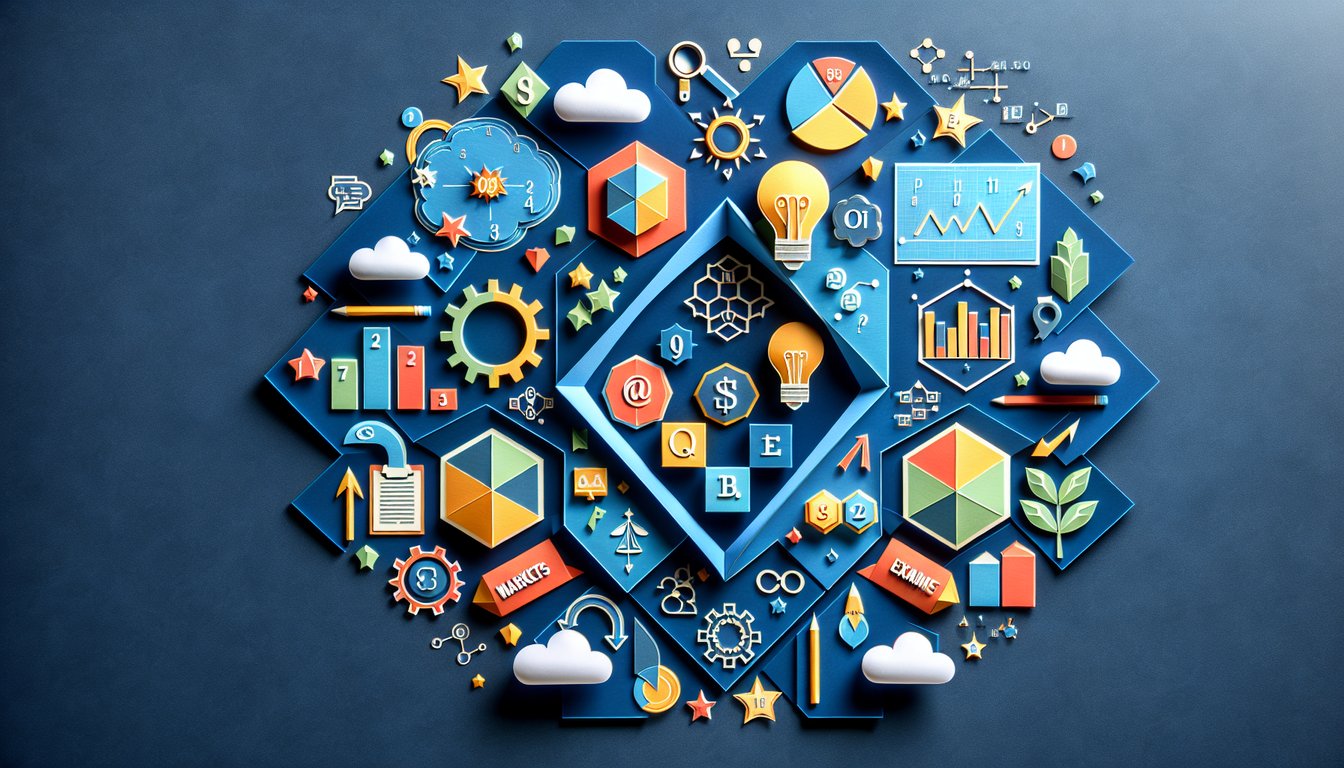 Colorful paper art promoting Market Mastery Challenge, a market principles quiz for high school students.