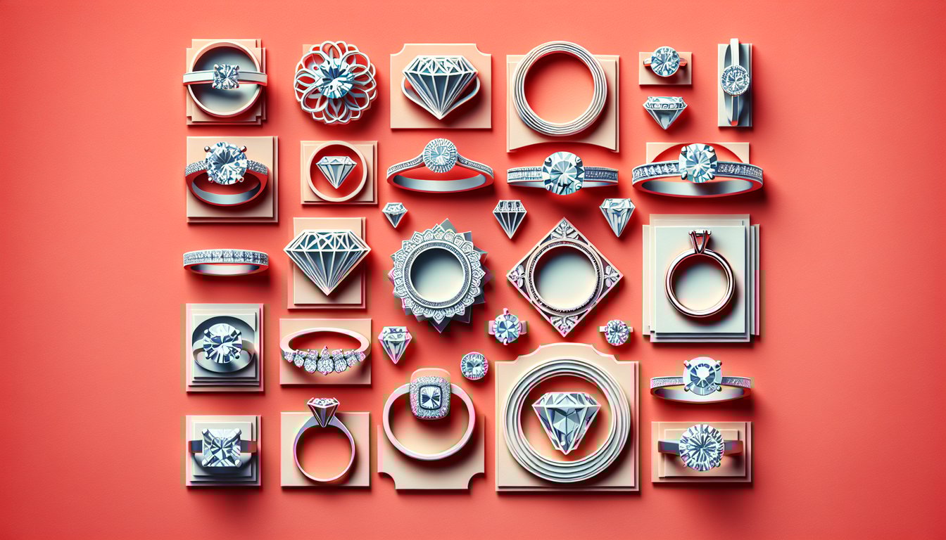 Paper art illustration of engagement ring shapes and quiz text on coral background