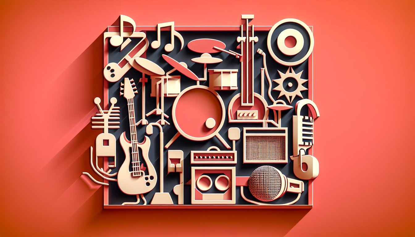 Paper art illustration for rock band personality quiz on a coral background