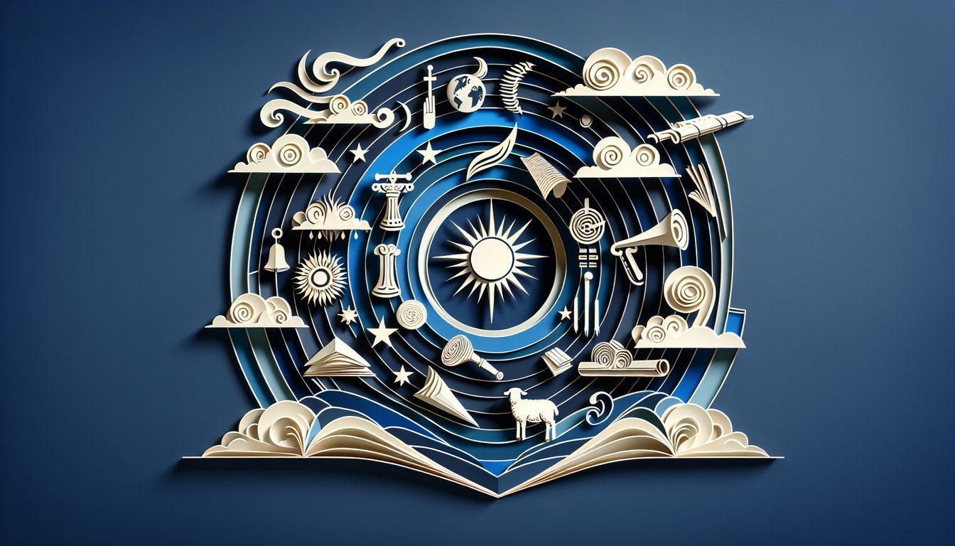 Paper art illustration for Revelation quiz on dark blue background