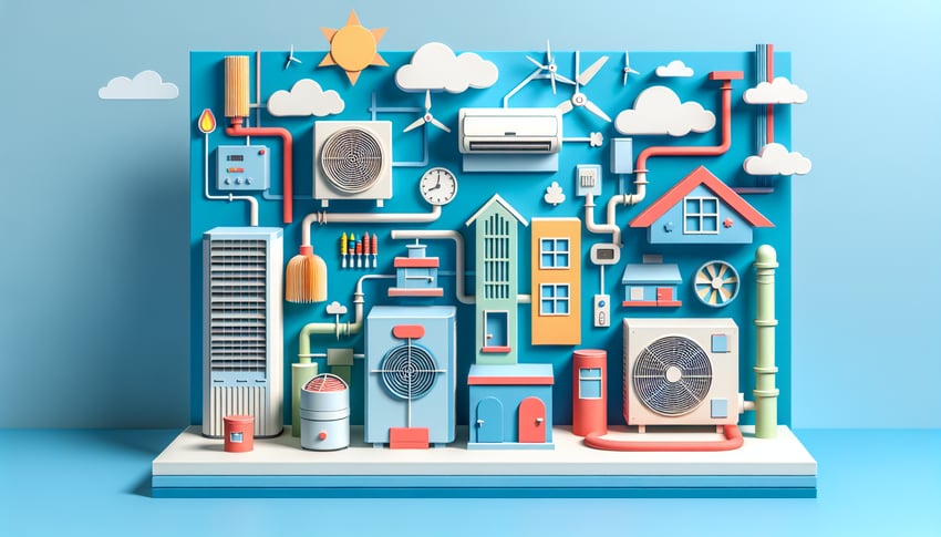 Paper art illustration featuring HVAC quiz icons including thermometer fan duct question mark on sky blue background