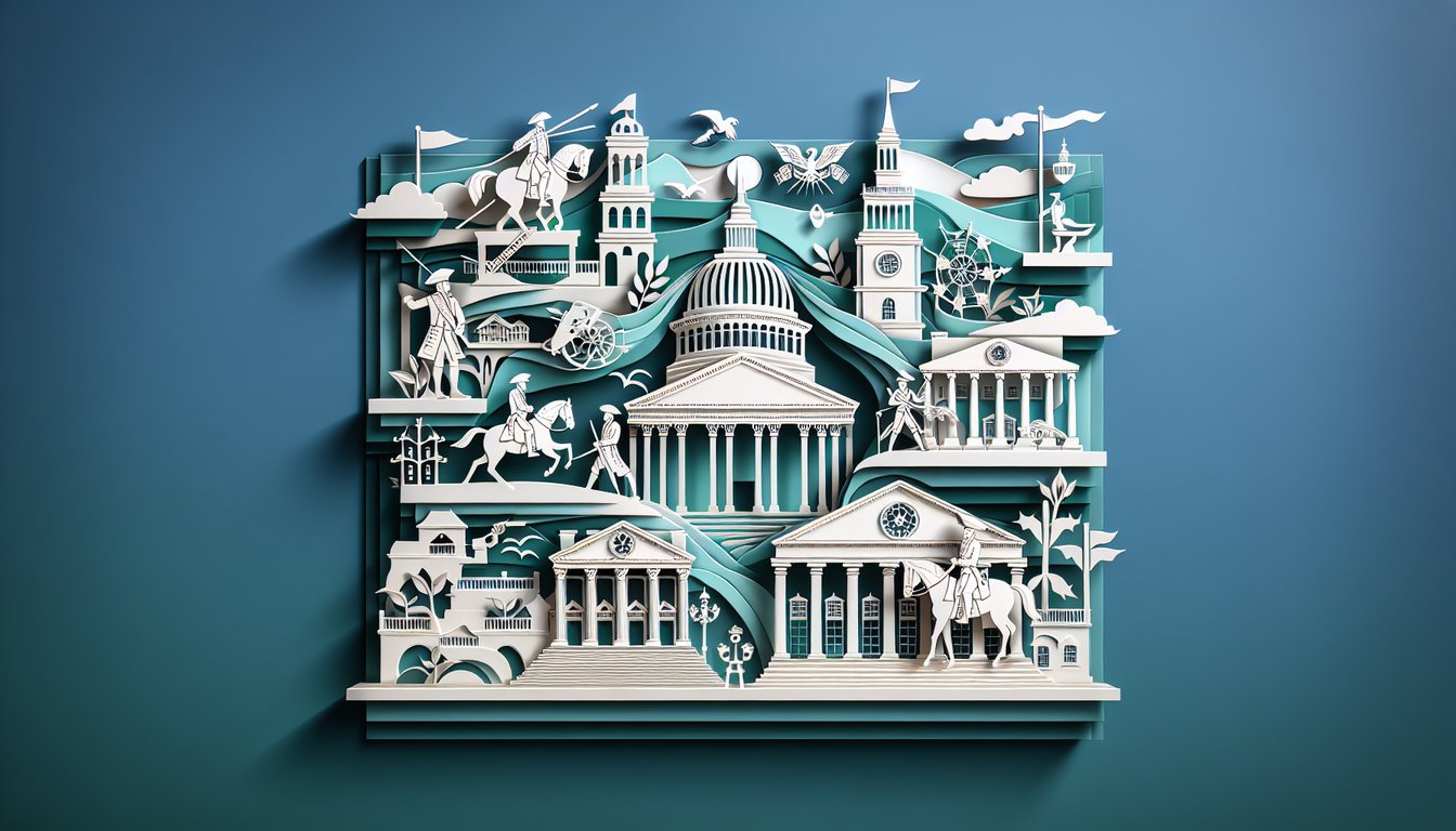 Paper art illustration for Virginia history trivia quiz on a teal background