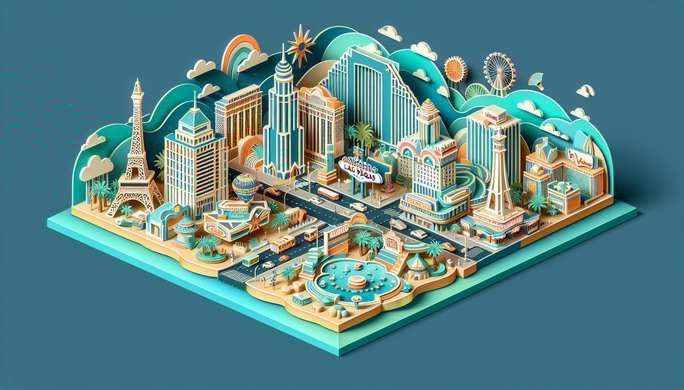 Paper art illustration for quiz on finding your ideal Vegas hotel based on travel style on teal background