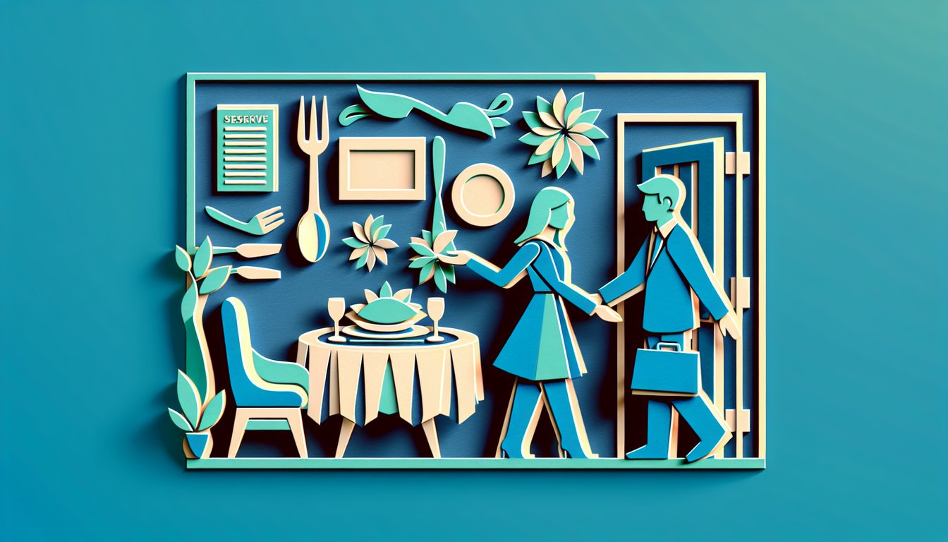 Paper art illustration with handshake and tea cup on teal background inviting testing manners in a free etiquette quiz