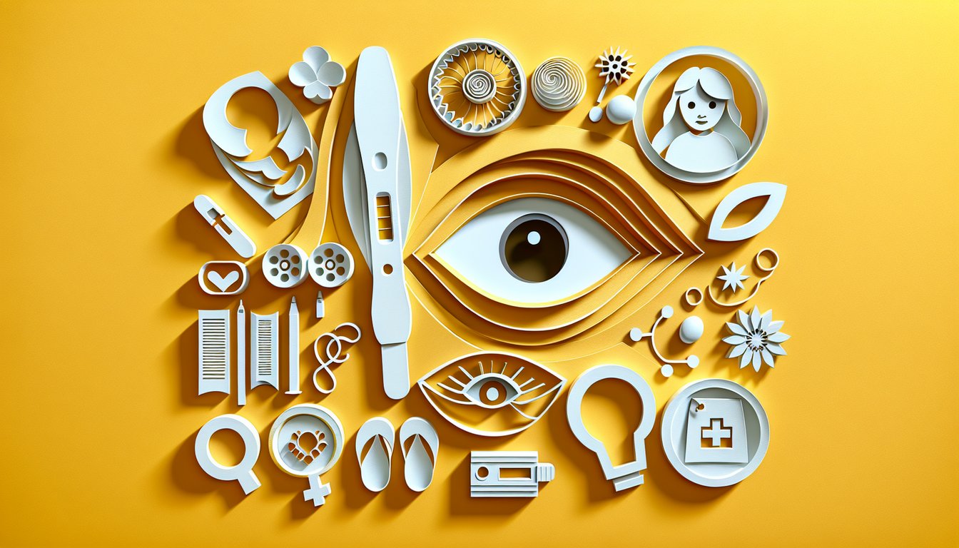Paper art of pregnancy tests, thought bubbles, question marks on golden yellow background for Am I Pregnant or Paranoid quiz