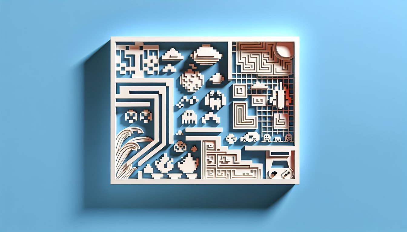 Paper art Pac-Man maze scene with Pac-Man and ghosts above quiz callout text on sky blue background