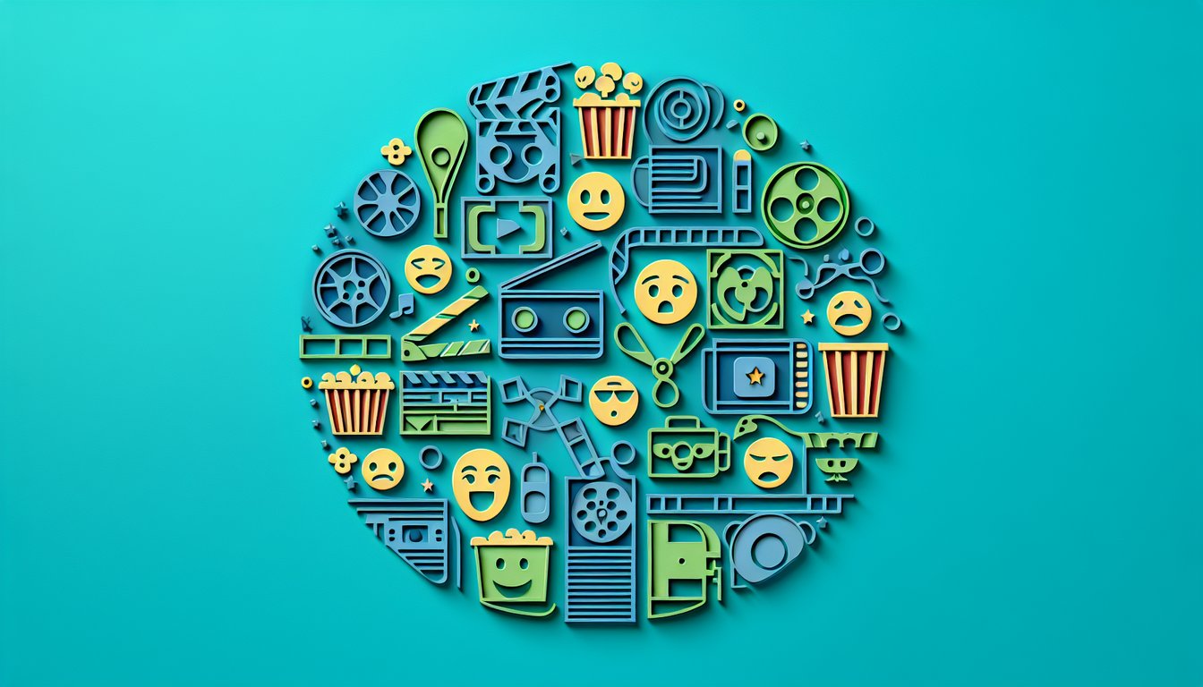 Paper art illustration for a movie suggestion quiz based on mood on a teal background