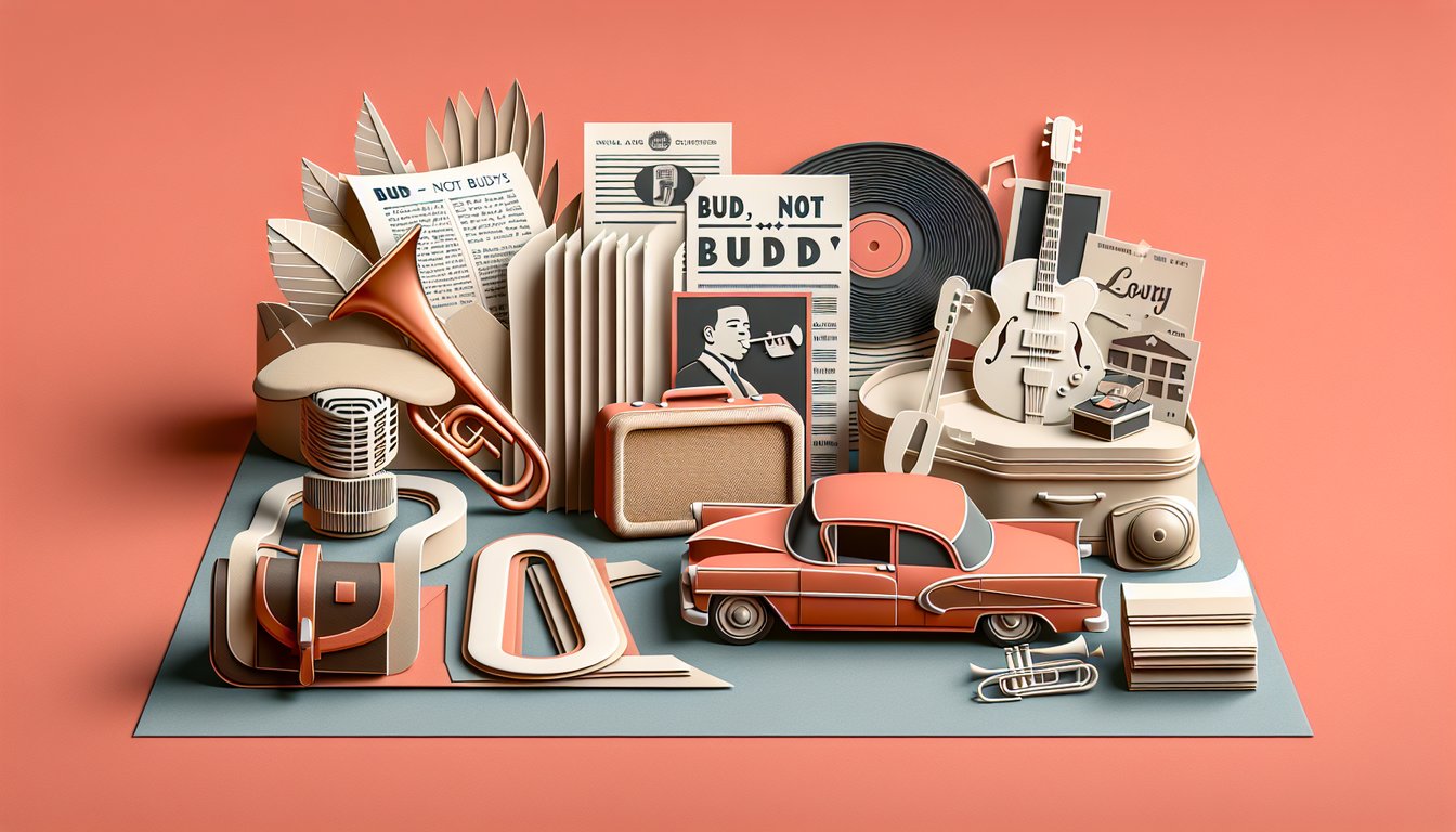 Paper art quiz cover Test Bud Not Buddy knowledge Lefty Lewis Miss Thomas fun challenge on coral background