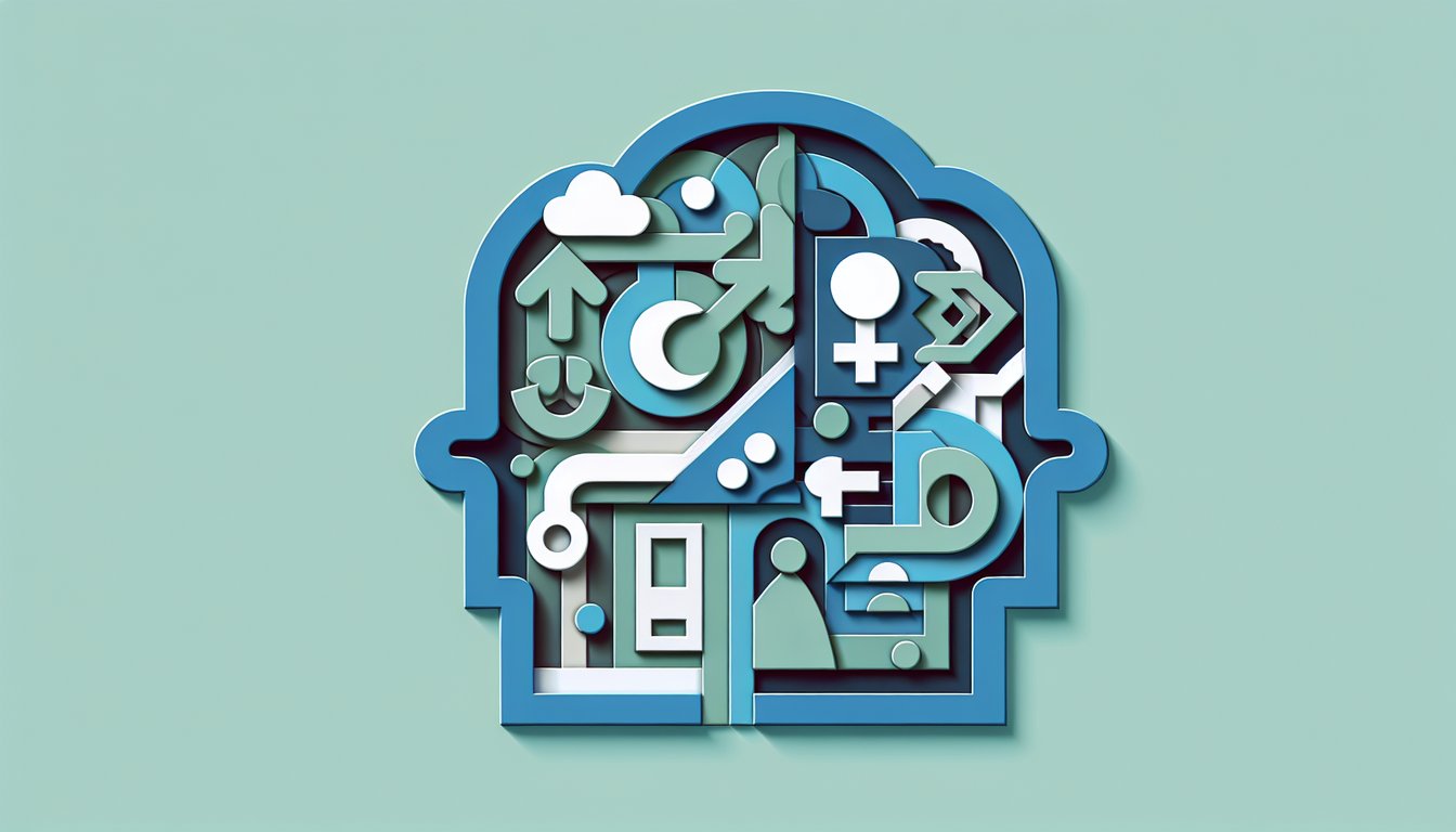 Paper art illustration with silhouettes and question marks on teal background inviting a free misogyny test quiz.