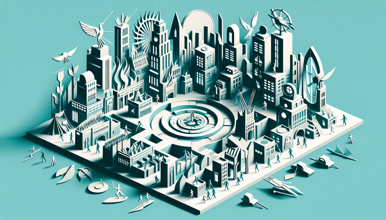 Paper art illustration for Hunger Games district quiz on teal background