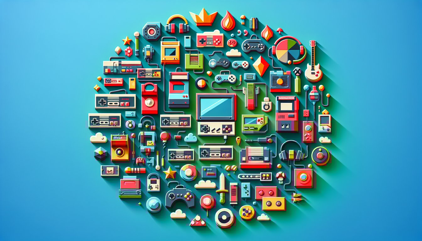Paper art illustration for a video game quiz on a teal background