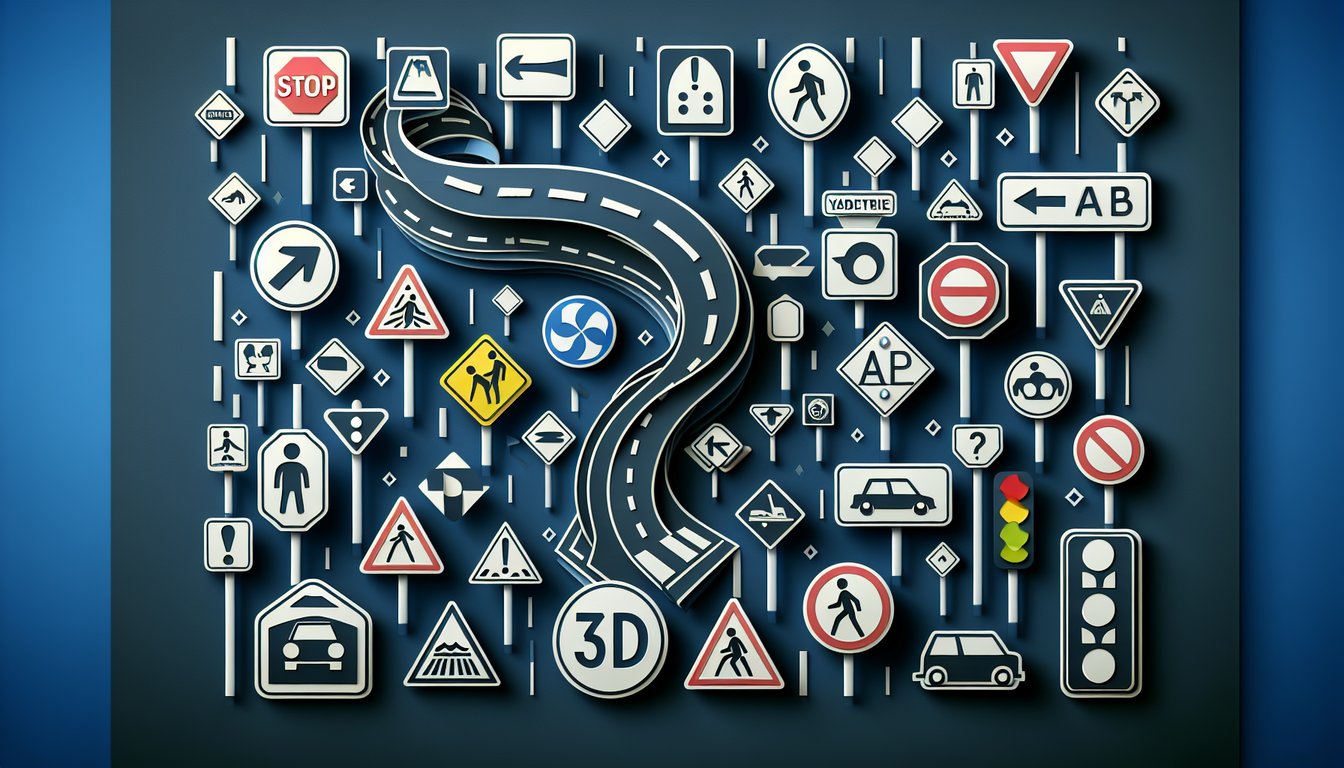 Paper art illustration of road and traffic signs including California DMV signs and warning diamonds on dark blue background
