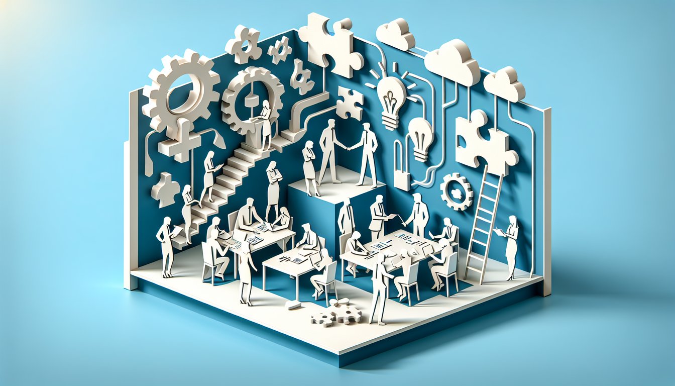 Paper art illustration of office icons above paper layers for organizational culture quiz on sky blue background