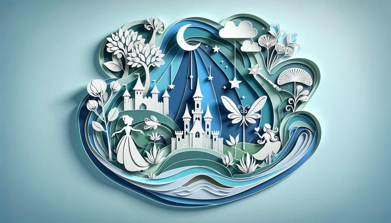 Paper art illustration of fairy tale characters and quiz elements on a pastel sky blue backdrop
