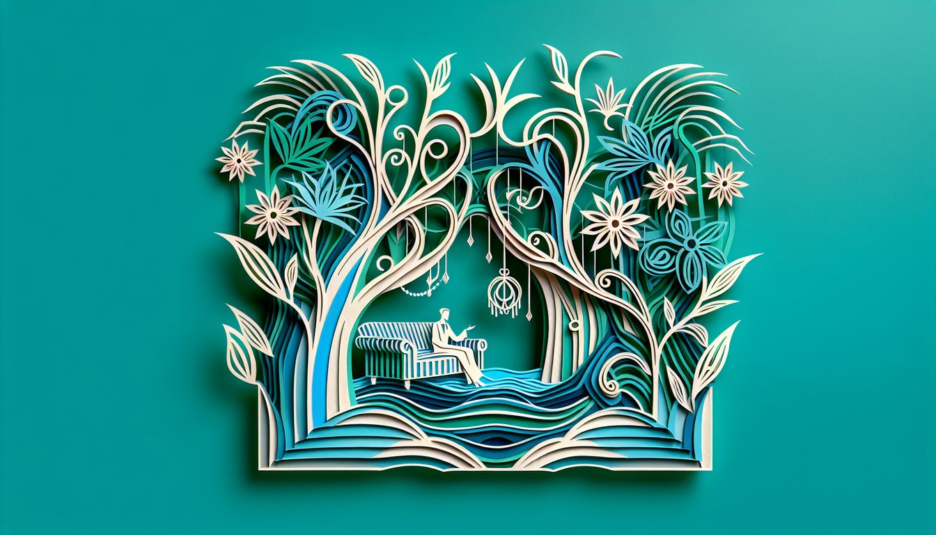 Paper art of quiz elements book pages question mark pen highlighting Great Gatsby ch 7 8 plot twists on teal background