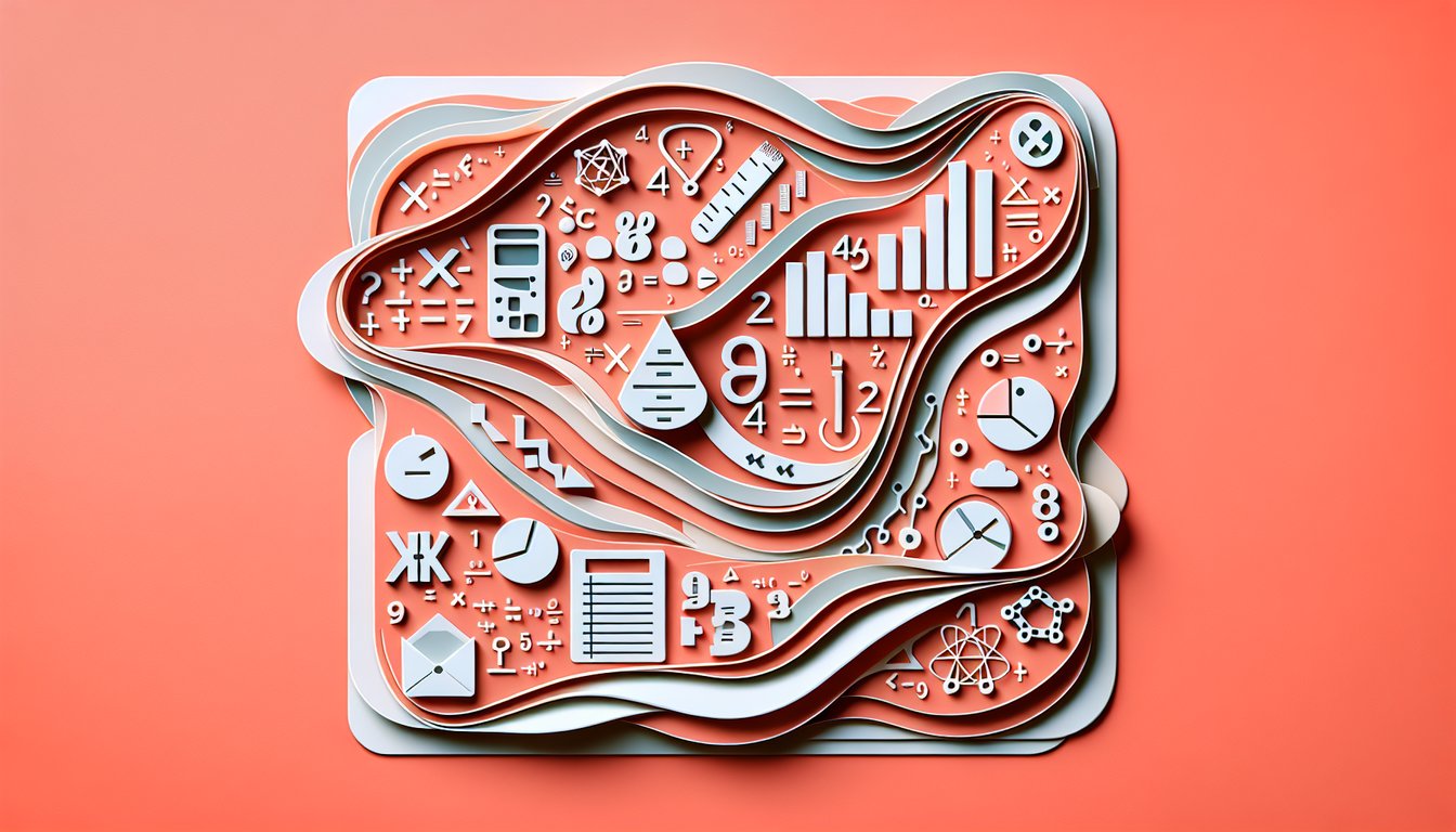 Paper art style illustration of algebra symbols equations functions and inequalities on coral background for a quiz
