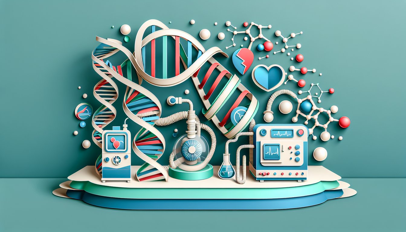 Paper art illustration showing ABG interpretation quiz elements with ventilator settings icons on teal background