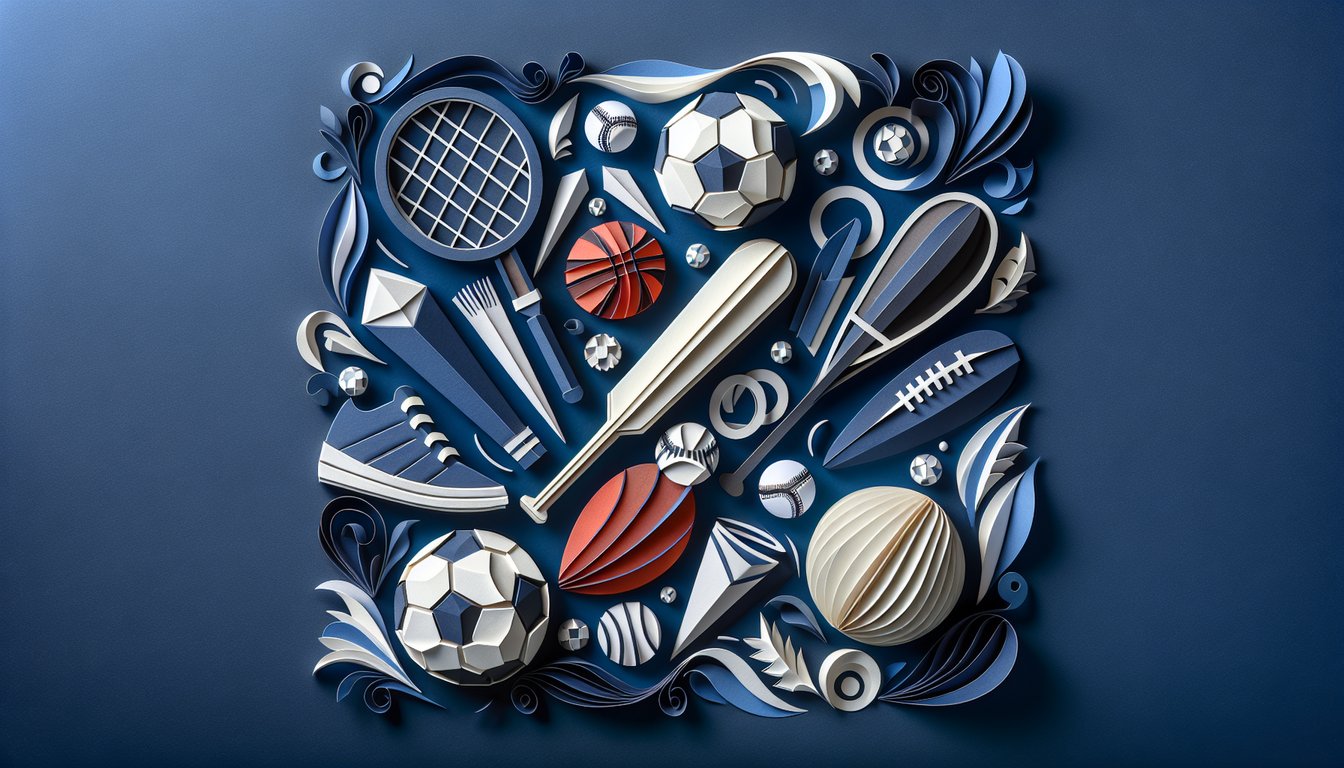 Colorful paper art depicting various sports equipment for a Sports Club History Quiz.