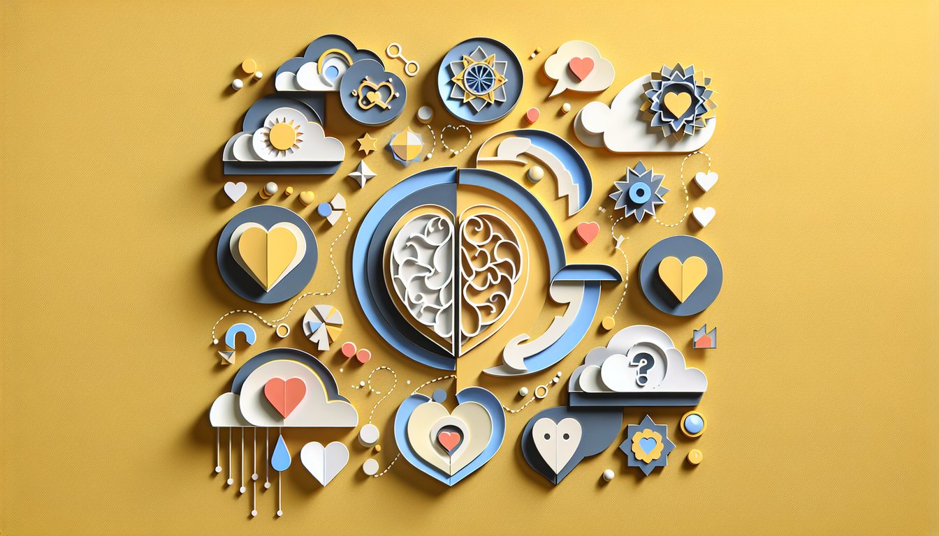 Paper art heart composed of layered shapes and puzzle pieces on golden yellow background with quiz invitation text.