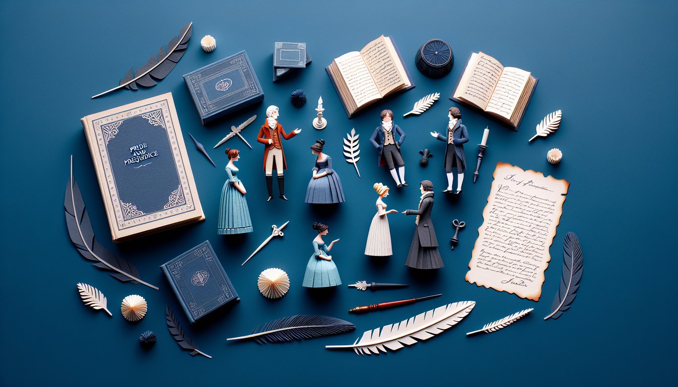 Paper art illustrating a trivia quiz about Jane Austens Pride  Prejudice for high school students.